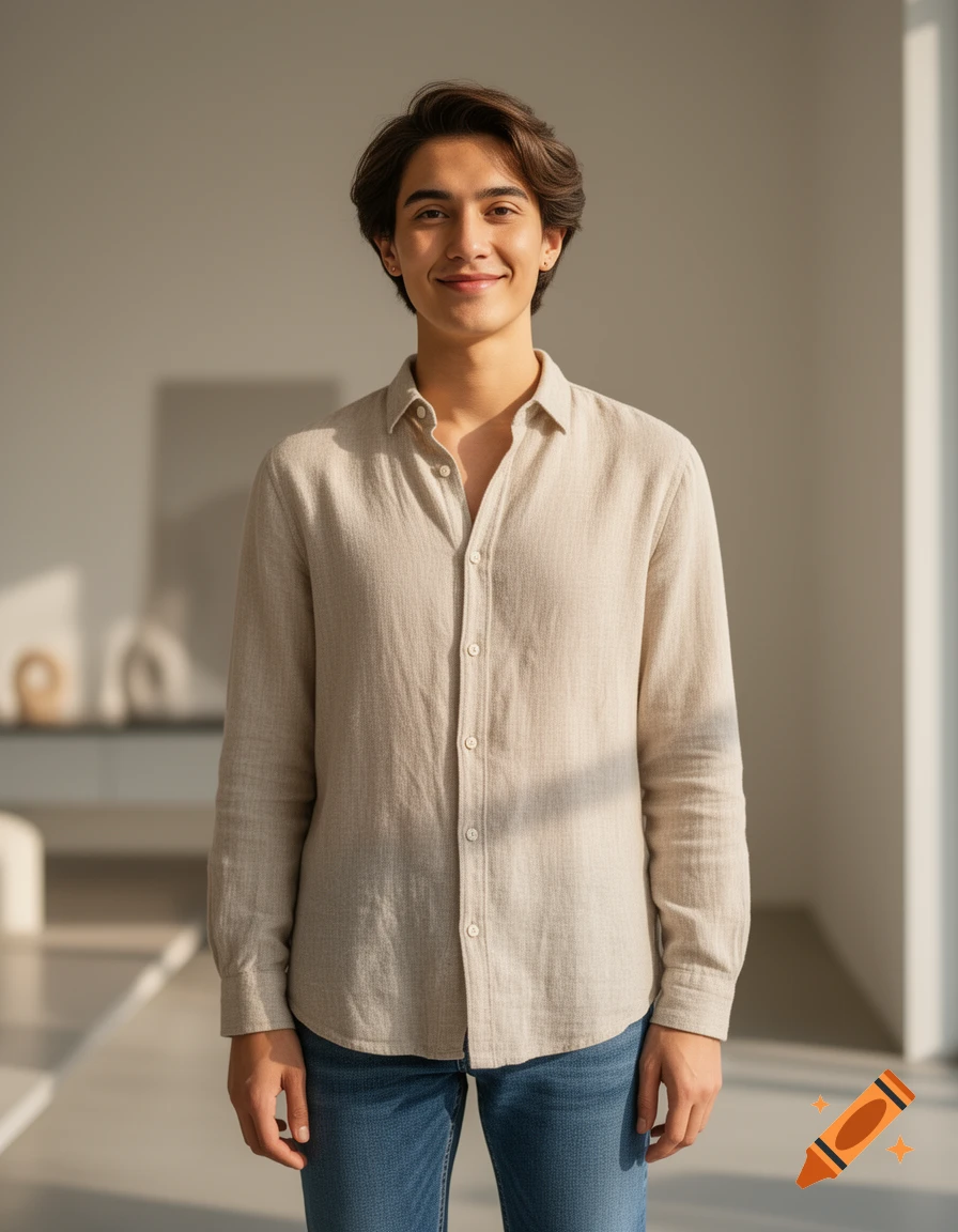 A smiling young man with dark hair in a light-colored linen shirt and jeans stands looking at the camera in a brightly lit room.