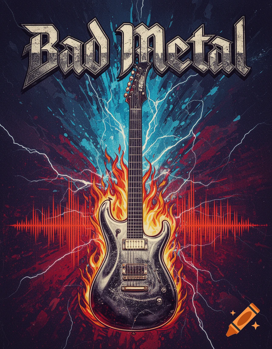 Stylized illustration of an electric guitar engulfed in flames, with lightning and sound waves, under the text 'Bad Metal'.