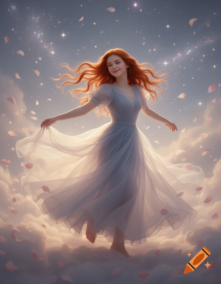 Red-haired woman in a flowing white dress floats gracefully in pink clouds with stars and petals.