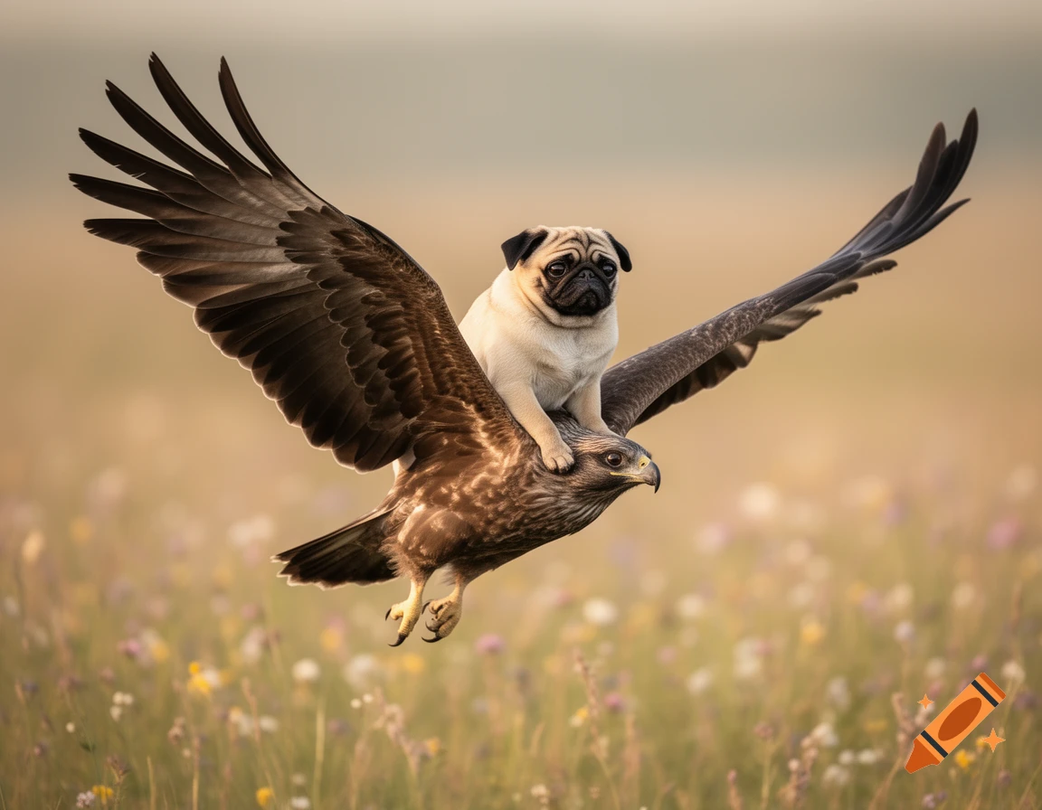 A photorealistic image of a fawn pug riding on the back of a large brown raptor flying over a field of wildflowers.