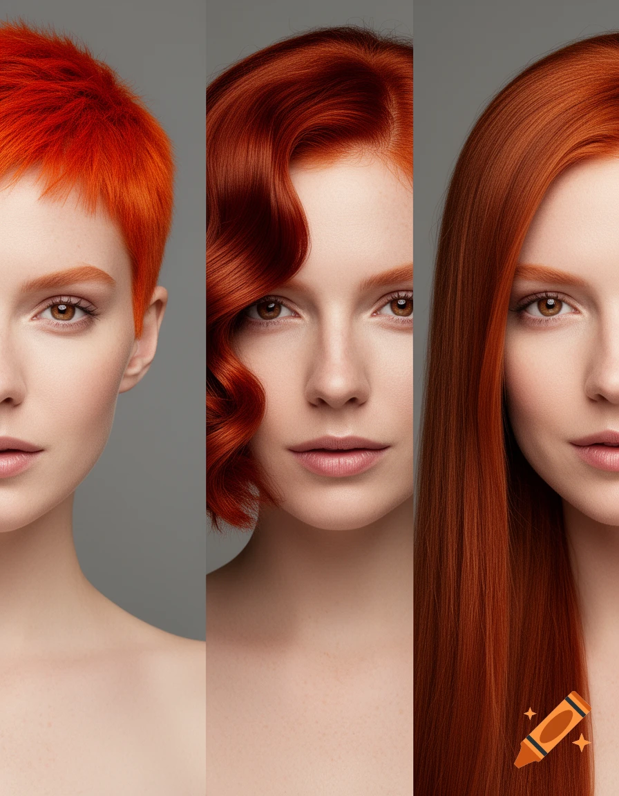 Split-screen portrait of a woman with three different red hairstyles: a bright ginger pixie cut, a deep copper wavy bob, and long auburn hair.