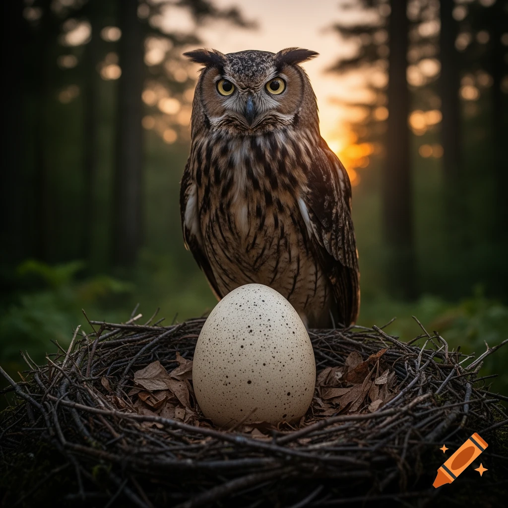 A majestic owl stands protectively behind a large speckled egg in a nest, set against a forest sunset.