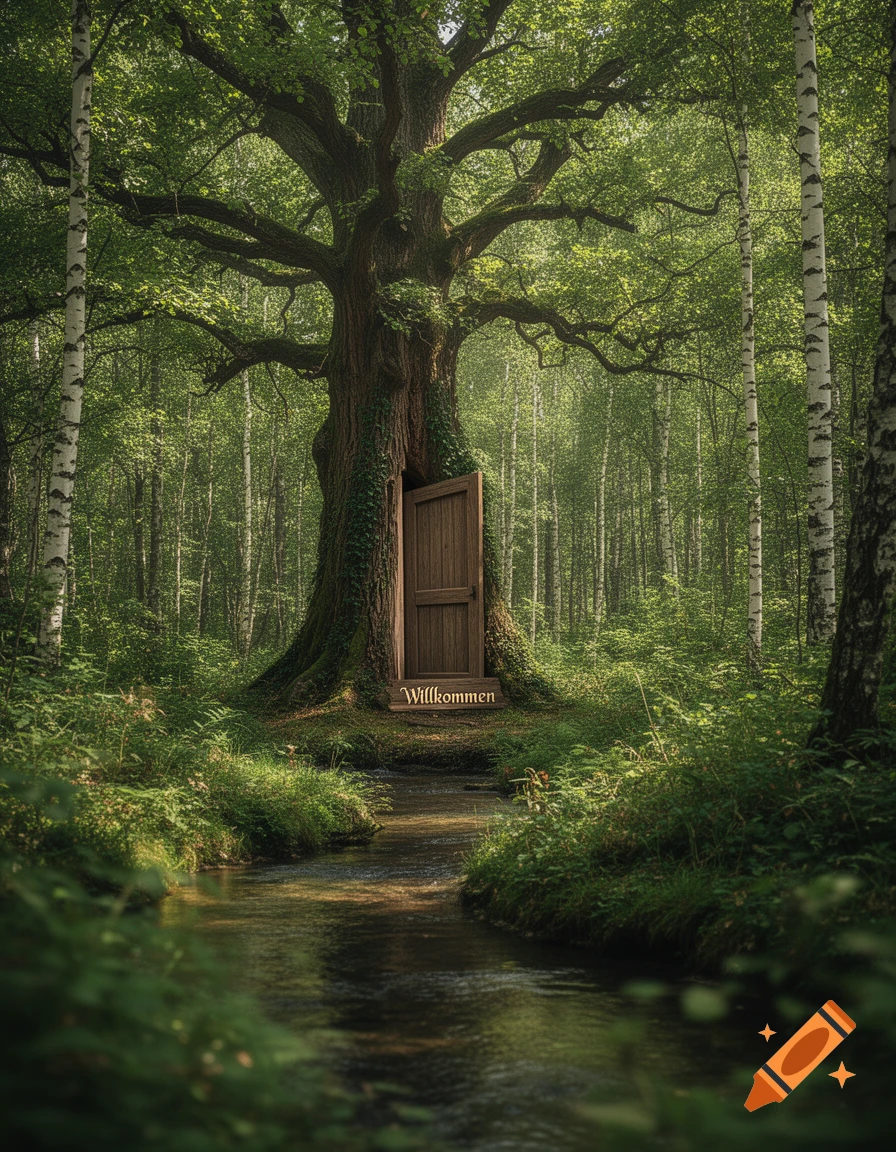 A photorealistic image of a wooden door opening from the base of a large ancient tree in a lush green forest with a stream. 'Willkommen' is written below the door.