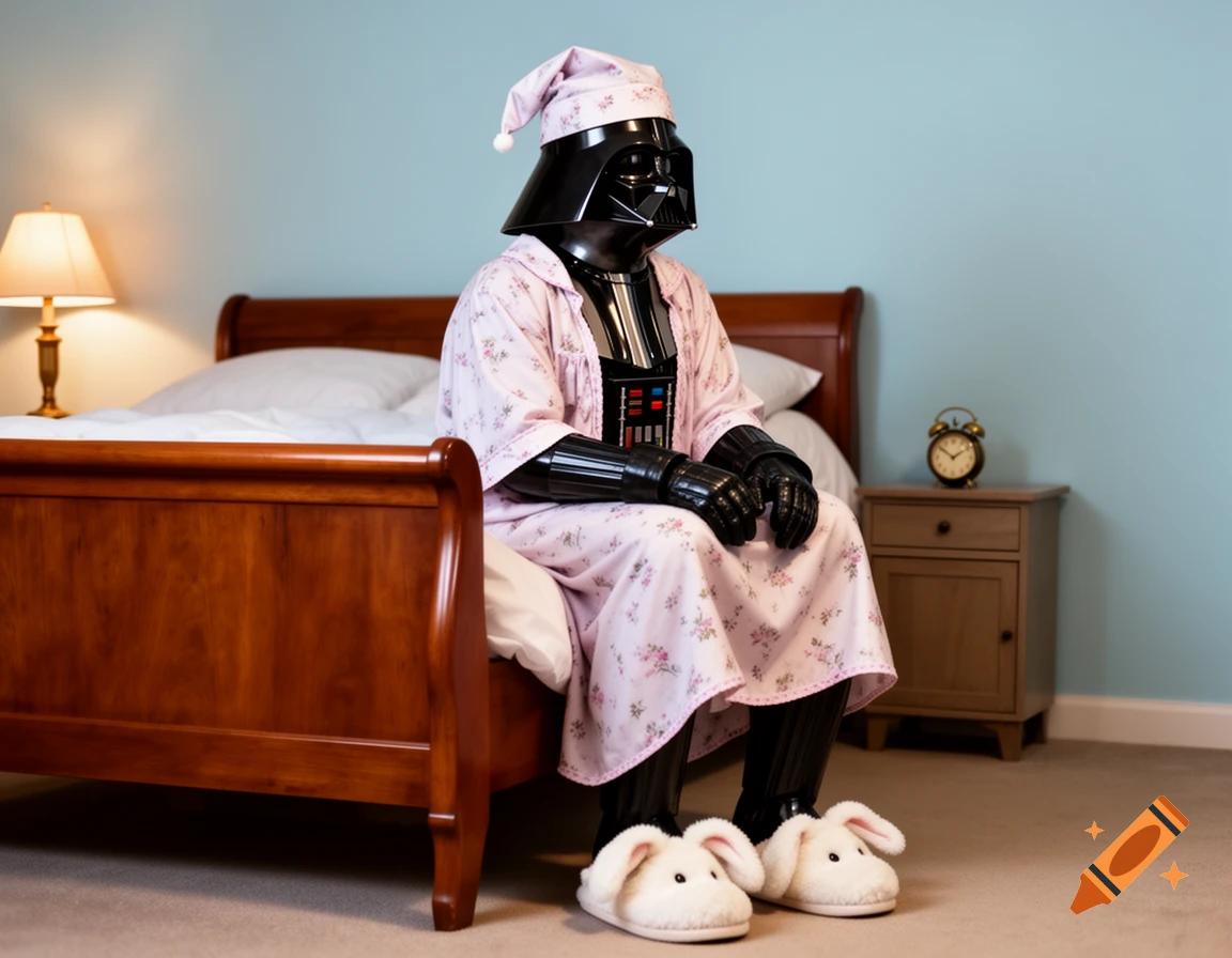 Darth Vader in a pink floral nightgown, sleep cap, and bunny slippers sits on a bed in a bedroom.