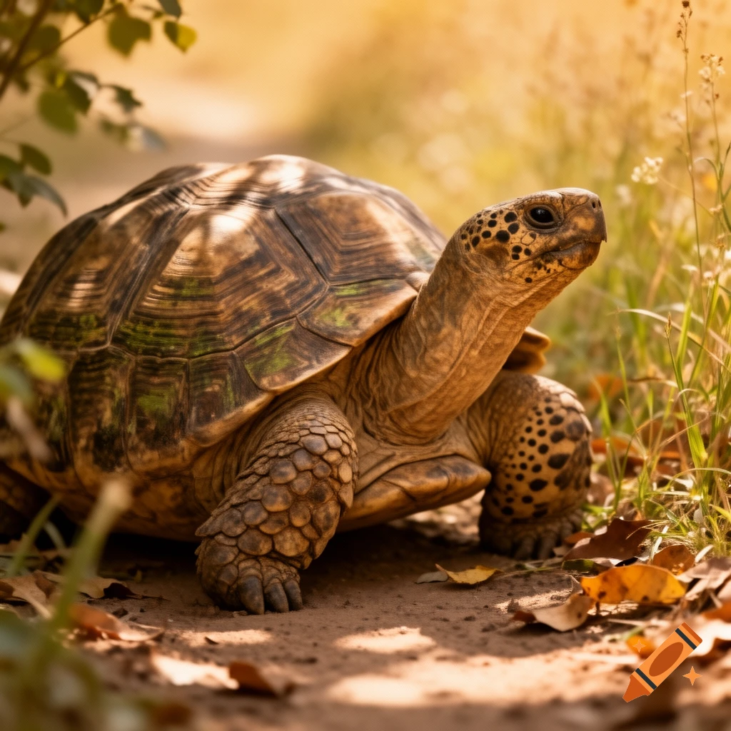 Photorealistic image of a large turtle standing on a dirt path, surrounded by sunlit grass and fallen leaves.