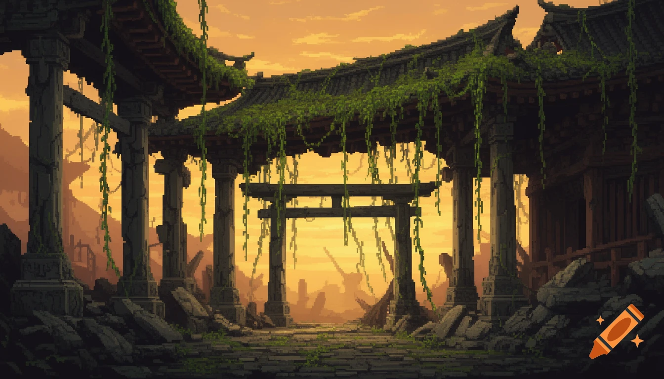 Pixel art of a ruined Japanese temple with a torii gate, overgrown with vines under a vibrant sunset.
