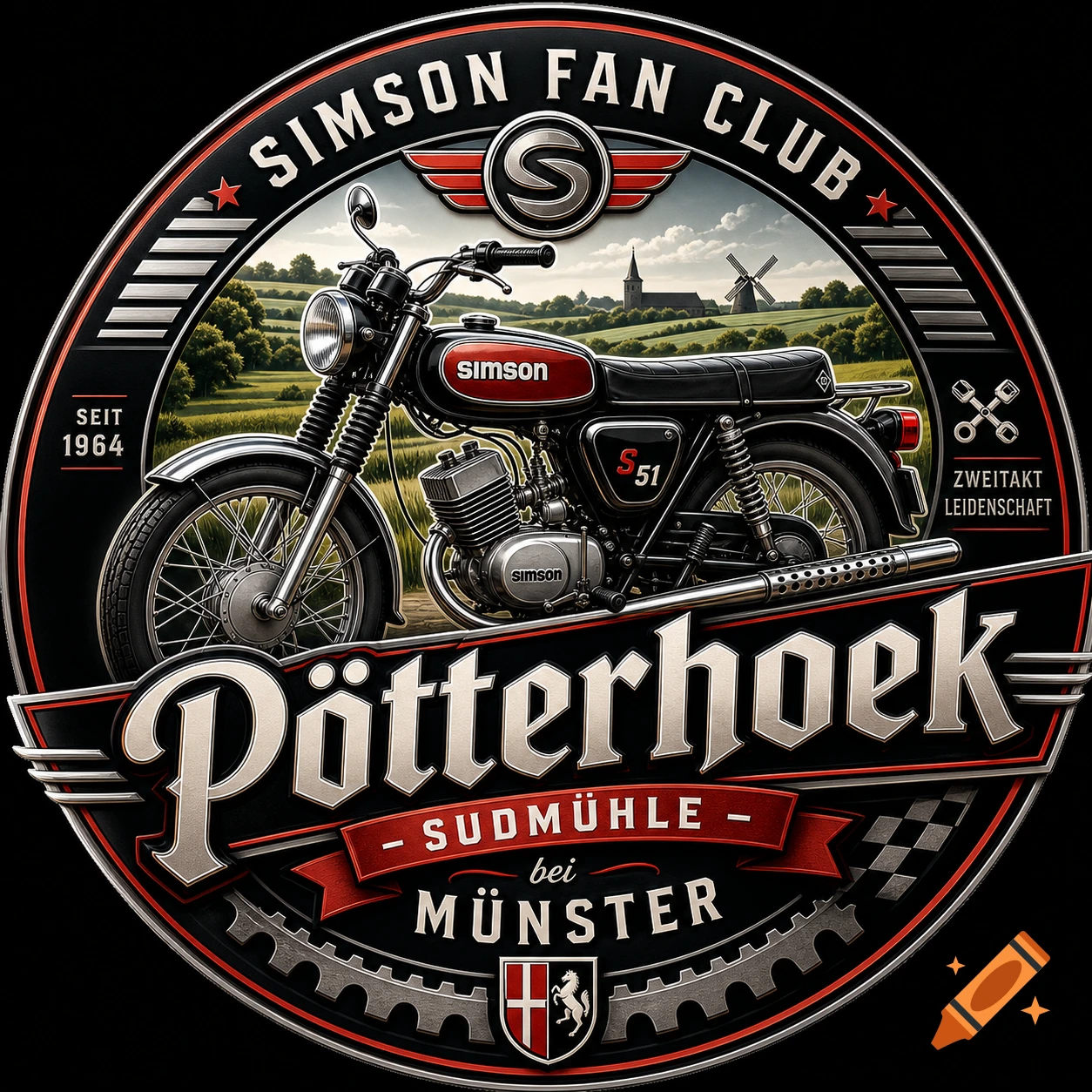 A vintage-style circular logo for the "Simson Fan Club Pötterhoek" featuring a classic black and red Simson motorcycle against a rural landscape with windmills and a church. The logo has gears, stars, and text details.