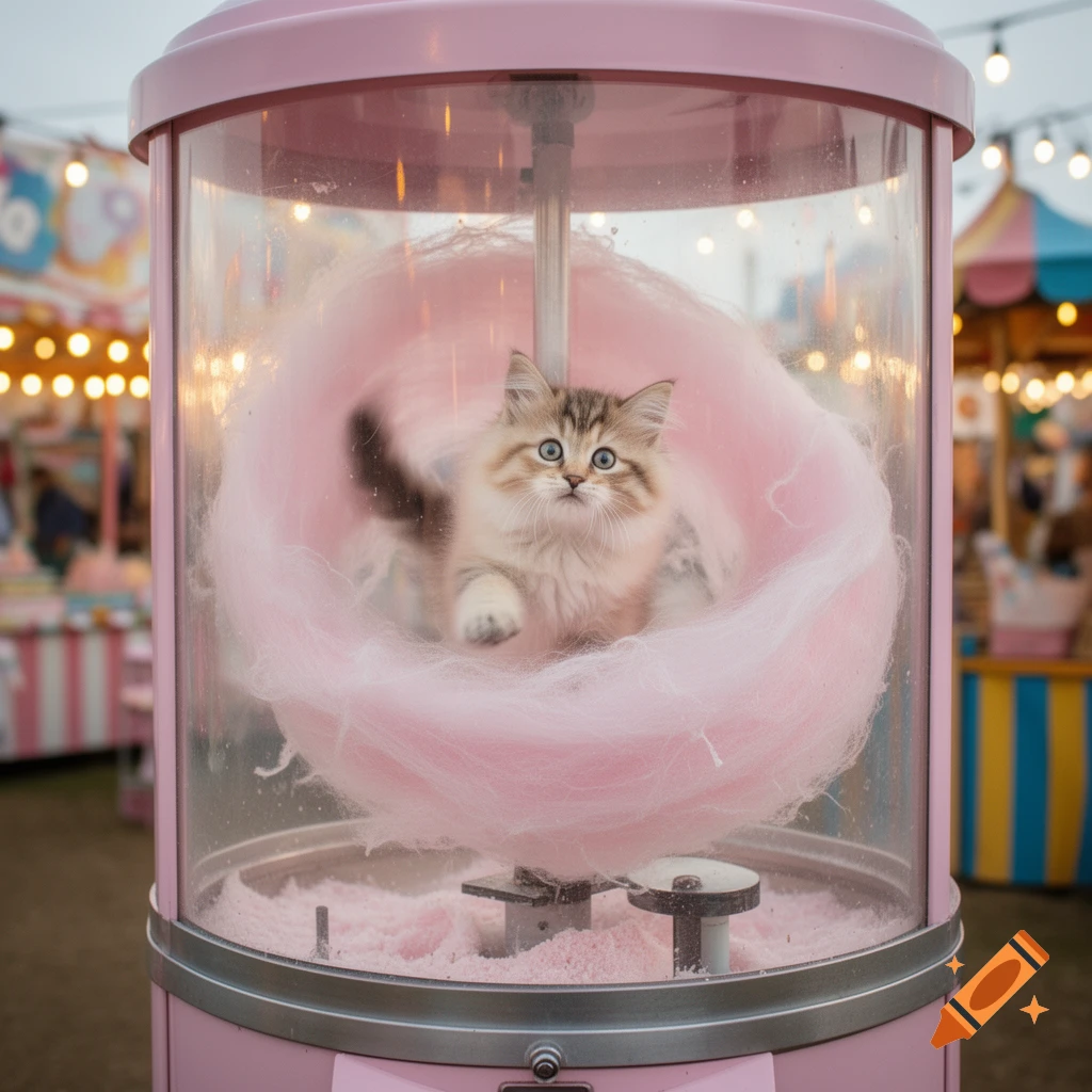 A fluffy kitten with blue eyes peers out from inside a pink candy floss machine at a carnival.
