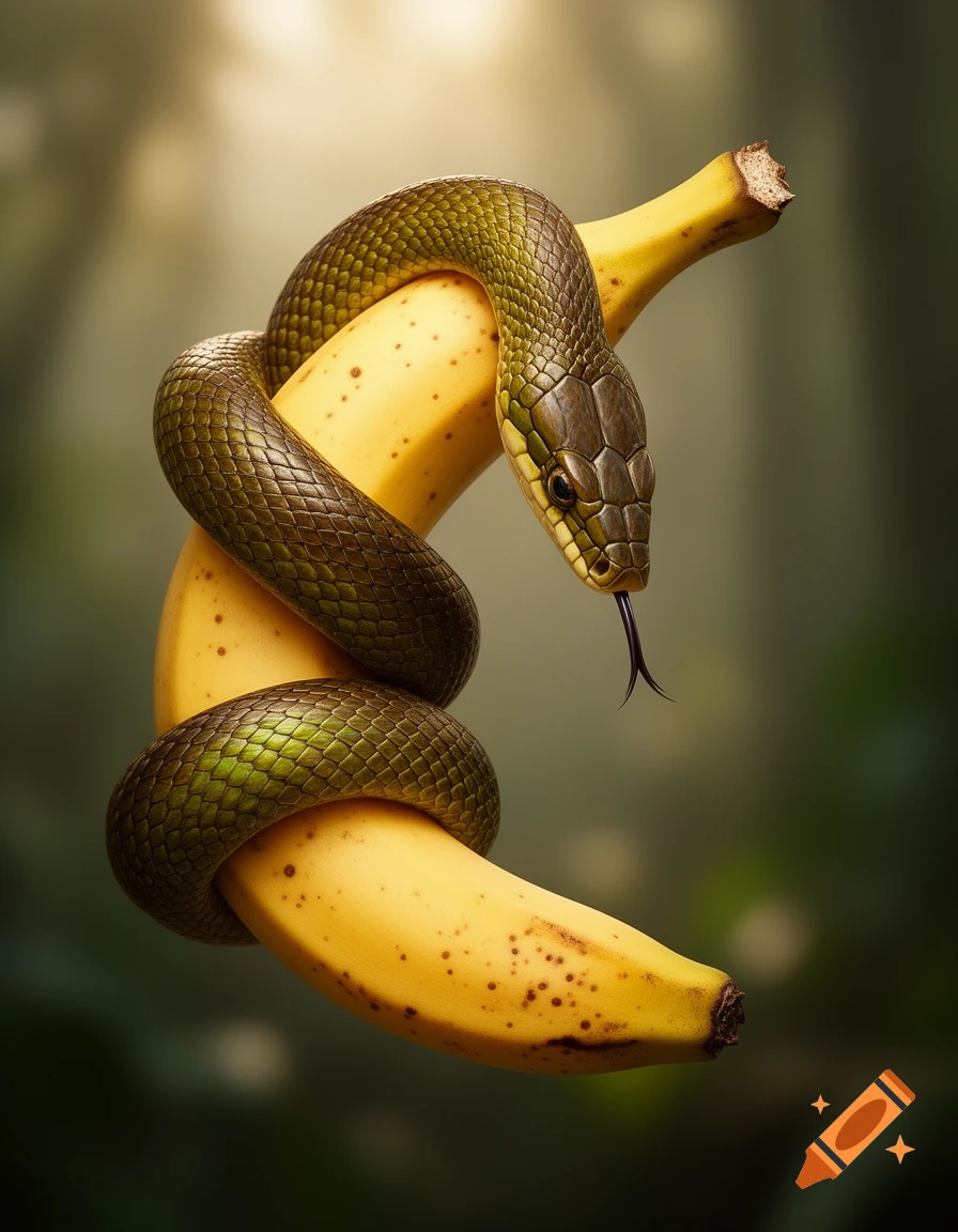 A realistic green snake with a forked tongue is tightly coiled around a ripe yellow banana against a blurred natural background.
