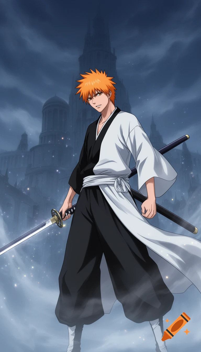 Anime style depiction of a male character with spiky orange hair in a black and white gi, holding a katana, in front of a dark castle.