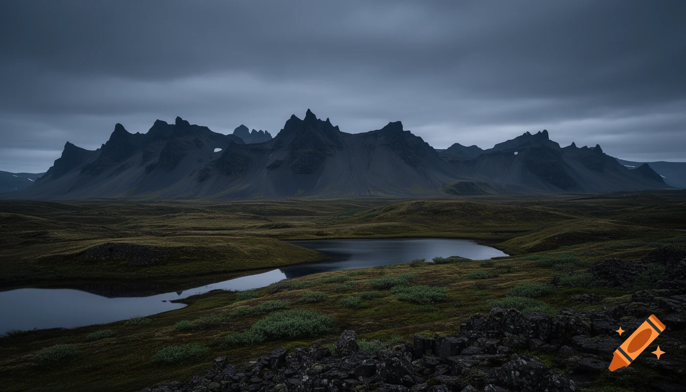 Dark, moody landscape with jagged mountains, a still lake, and mossy terrain under a cloudy sky.