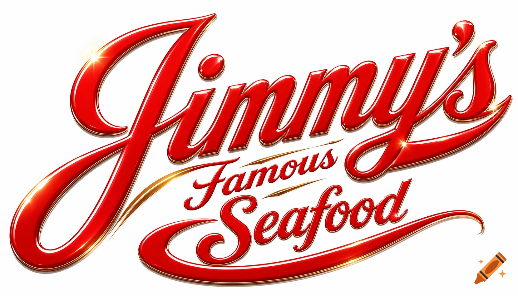 A shiny red and gold cursive logo for 'Jimmy's Famous Seafood' on a white background, in the style of the Coca Cola logo.