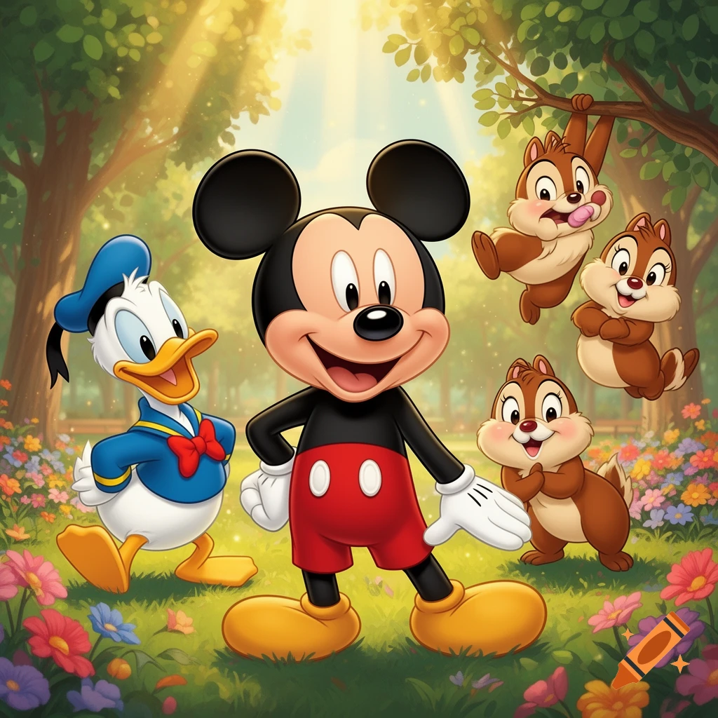 Mickey Mouse, Donald Duck, and Chip 'n' Dale in a vibrant, sunny park surrounded by colorful flowers and trees.