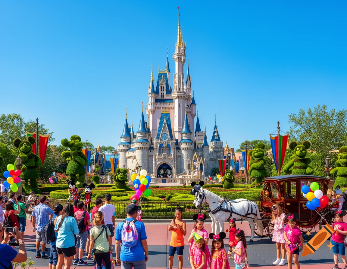 A crowded Disney theme park on a sunny day with a grand castle, Mickey Mouse topiaries, and a horse-drawn carriage.