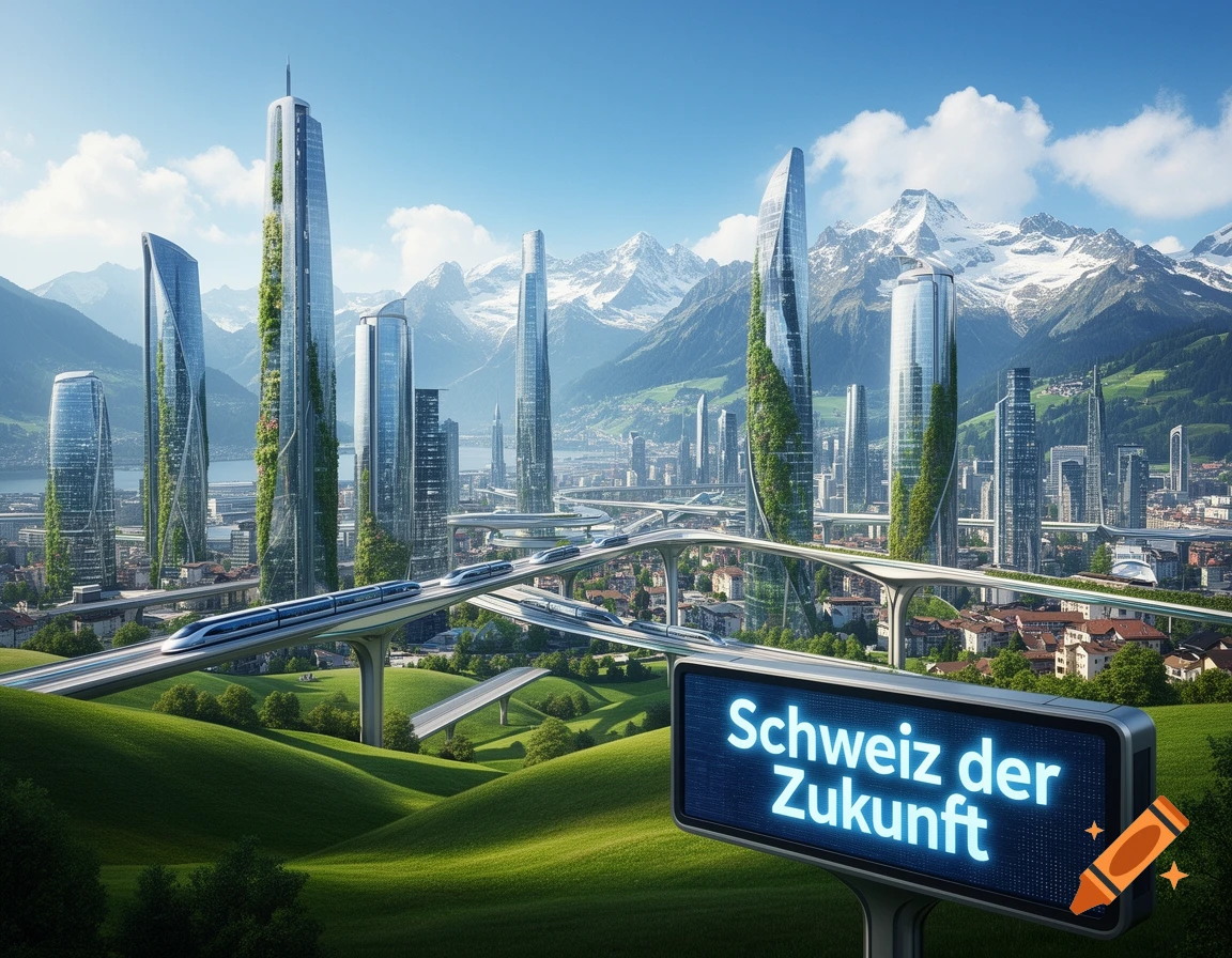 A futuristic city with green skyscrapers and elevated trains, set against snow-capped mountains. A digital sign reads "Schweiz der Zukunft".