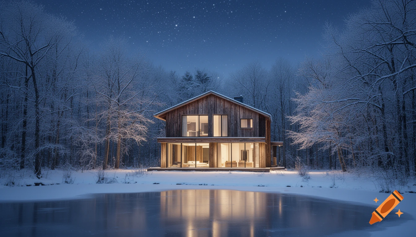 A warm, light-filled, modern rustic cottage sits isolated in a snowy forest beside a frozen lake under a starry night sky.