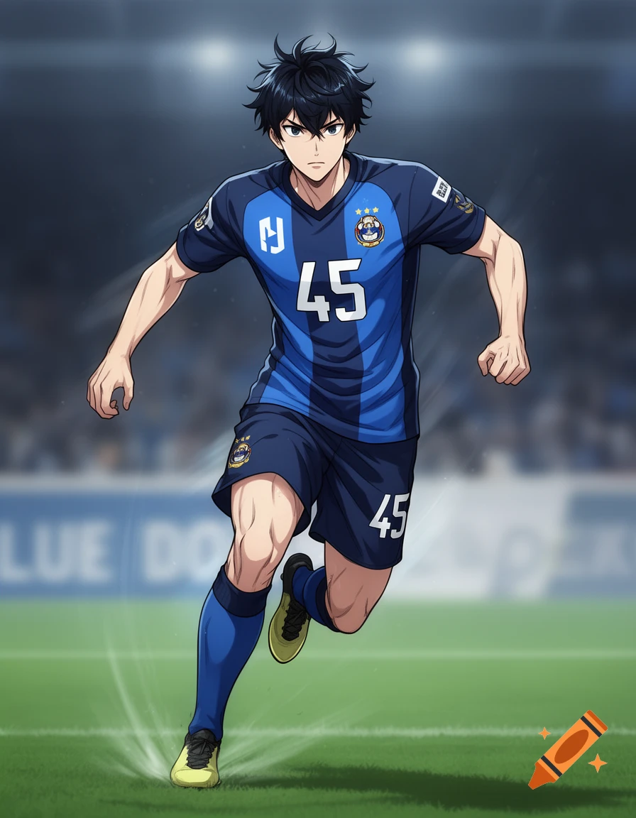 Anime-style male soccer player in a blue and black uniform with number 45, running on a green field in a stadium.