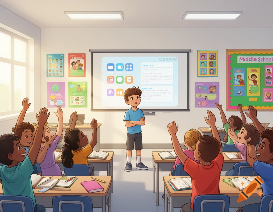 A student presents in a vibrant classroom, facing classmates who raise their hands to answer questions, with an interactive board behind him in an illustrated style.