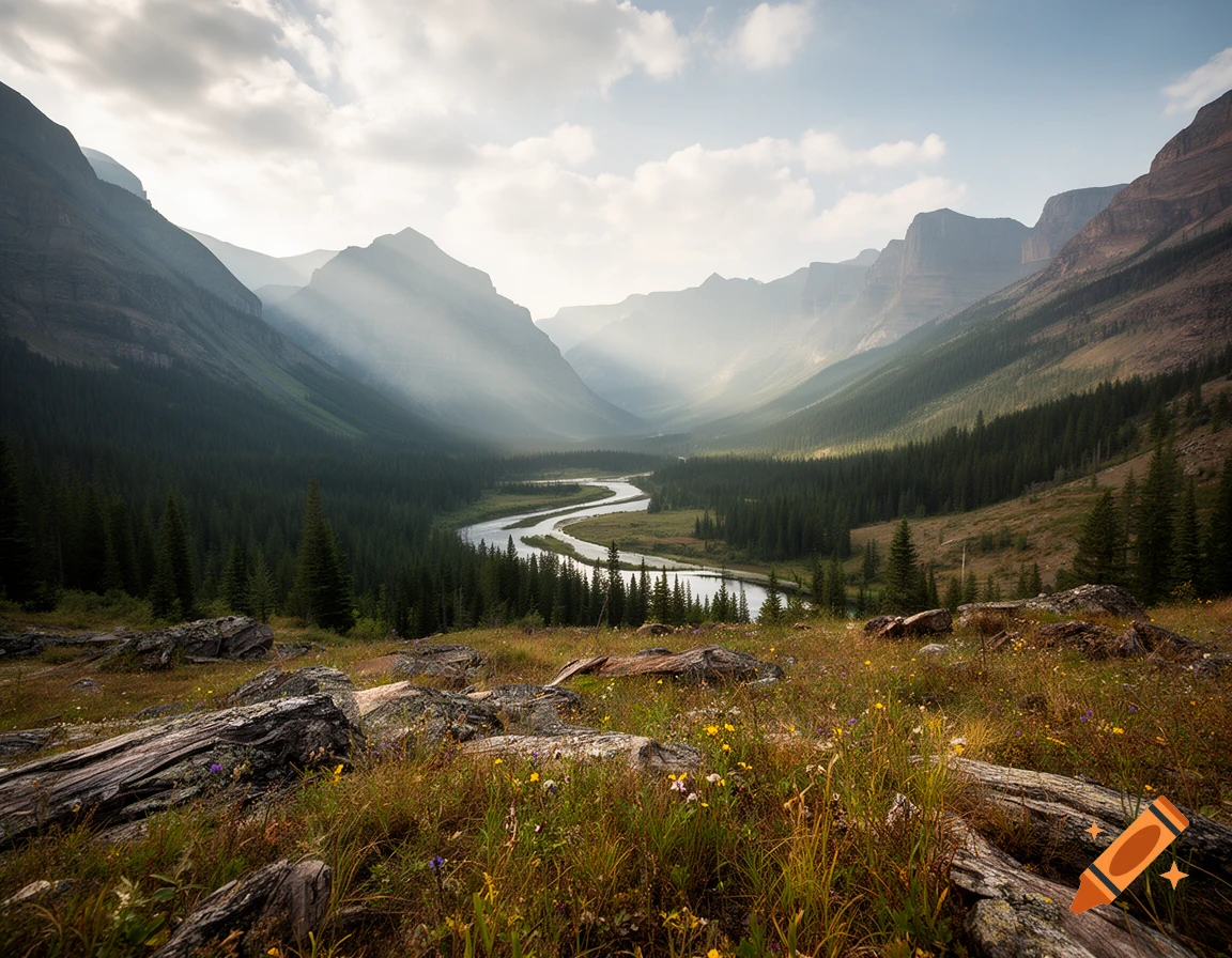 Photorealistic landscape scene of a winding river in a mountain valley with evergreen forests and sunlight breaking through clouds.