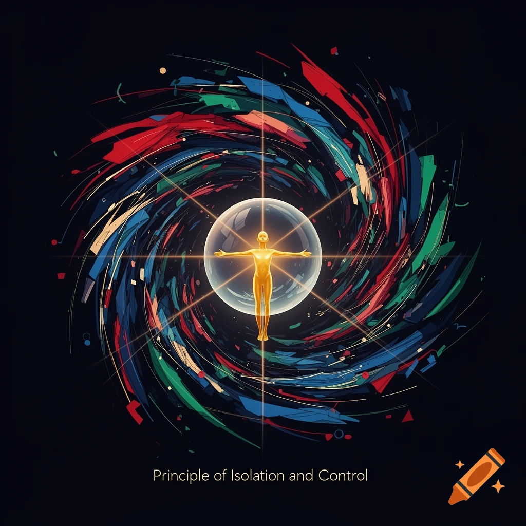 Golden human figure in a glowing bubble, surrounded by a colorful abstract spiral, with the text 'Principle of Isolation and Control' below.