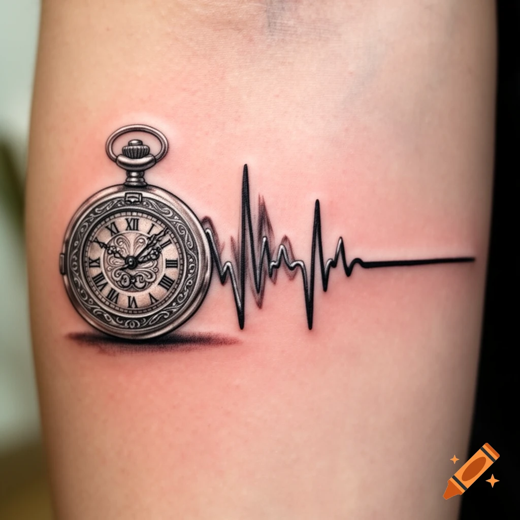 A detailed black and white tattoo of a pocket watch with Roman numerals and an electrocardiogram (ECG) heartbeat line on a person's arm.