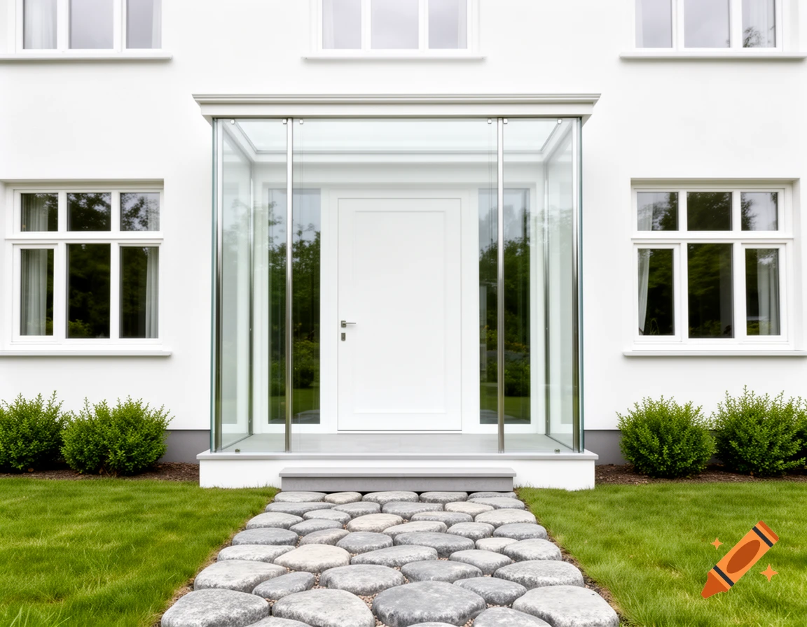 A modern white house with a glass porch entryway, a white door, and a stone path leading to it, surrounded by green grass and bushes.