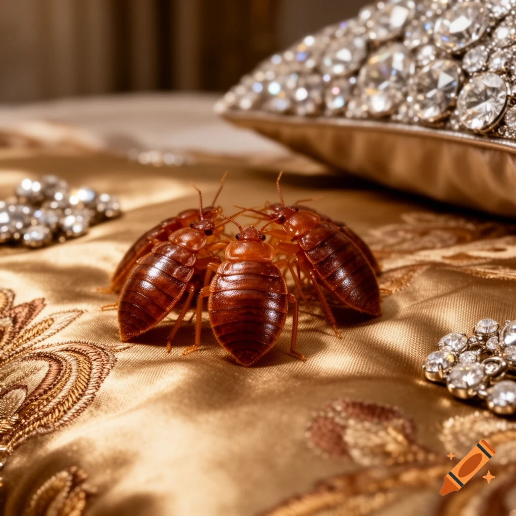 Close-up of several brown bed bugs crawling on ornate golden fabric with sparkling jewels.