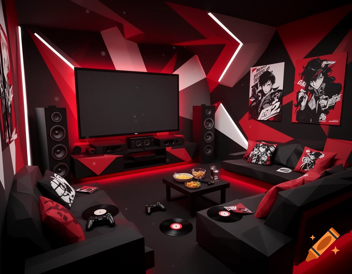 3D low-poly anime Persona 5 themed home theater man cave with red and black aesthetic.