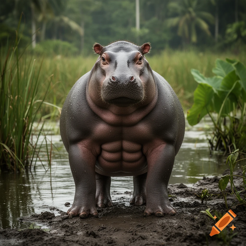 Photorealistic image of a muscular pygmy hippopotamus standing in shallow water with a jungle background.