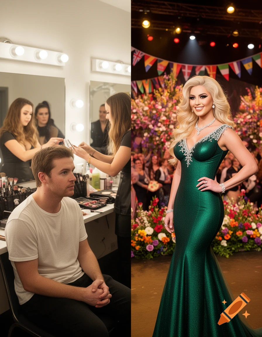 A split image shows a man getting makeup done on the left and a glamorous woman in a sparkling green gown on a stage on the right.