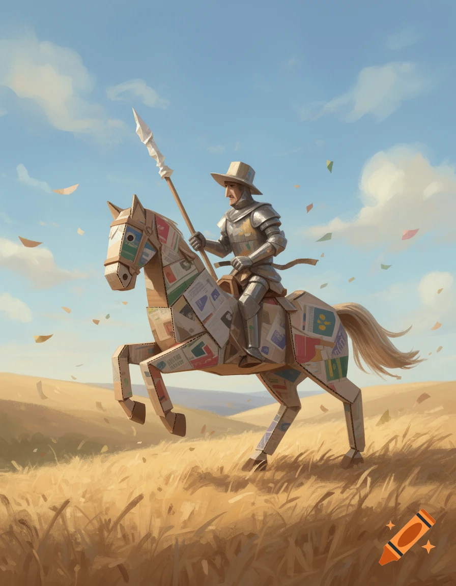A knight in armor and a hat rides a horse made of cardboard boxes through a golden field under a blue sky.