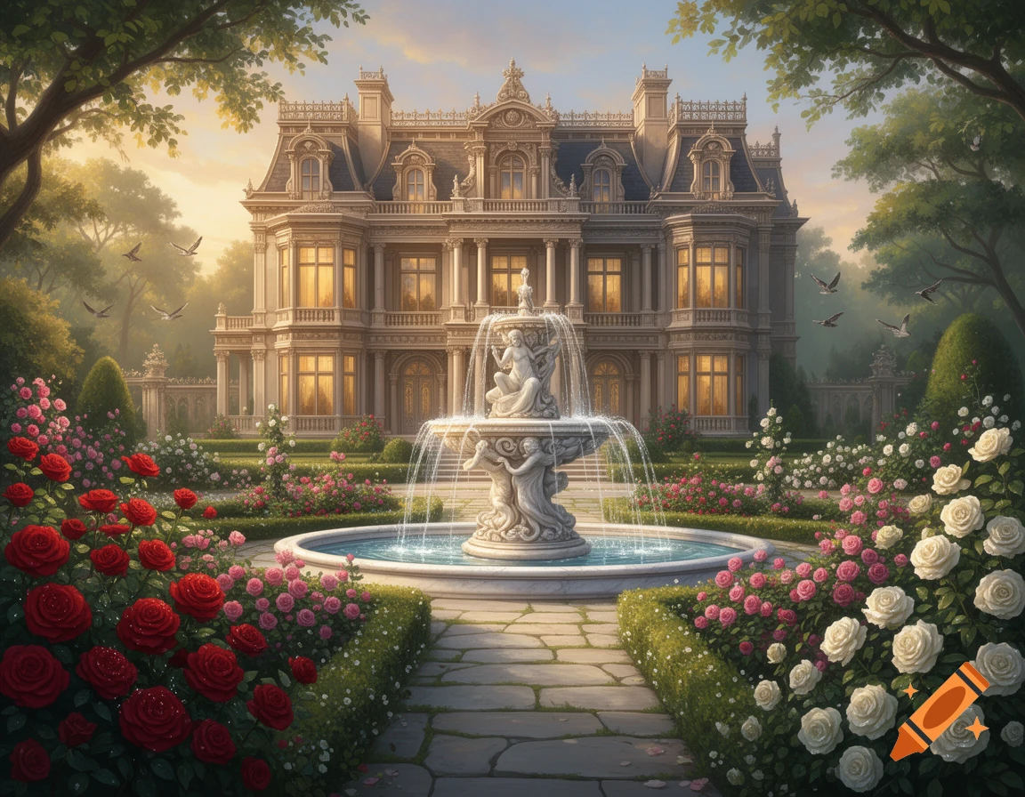 A stately classical mansion with many windows, surrounded by a lush garden with a large stone fountain, vibrant red and white roses, and tall trees, under a warm sky.