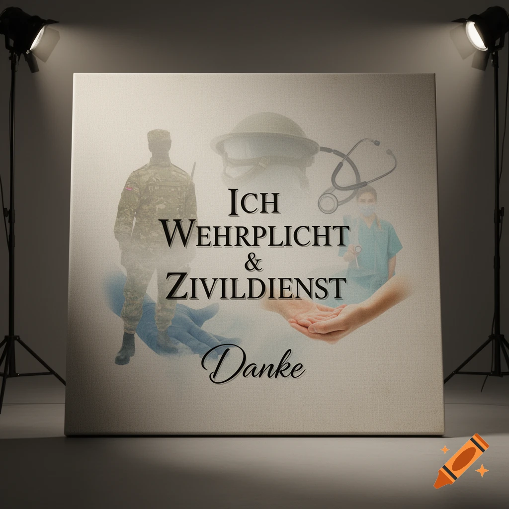 A symbolic image on a canvas showing a soldier, a nurse, a helmet, a stethoscope, and cupped hands, with German text.