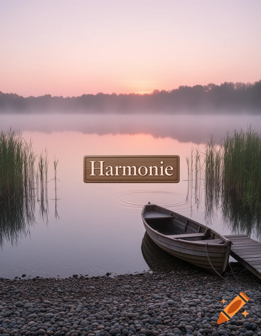 Photorealistic image of a wooden boat tied to a dock on a misty lake at sunrise or sunset, with a wooden sign reading 'Harmonie' floating above the water, surrounded by reeds and a pebbled shore.