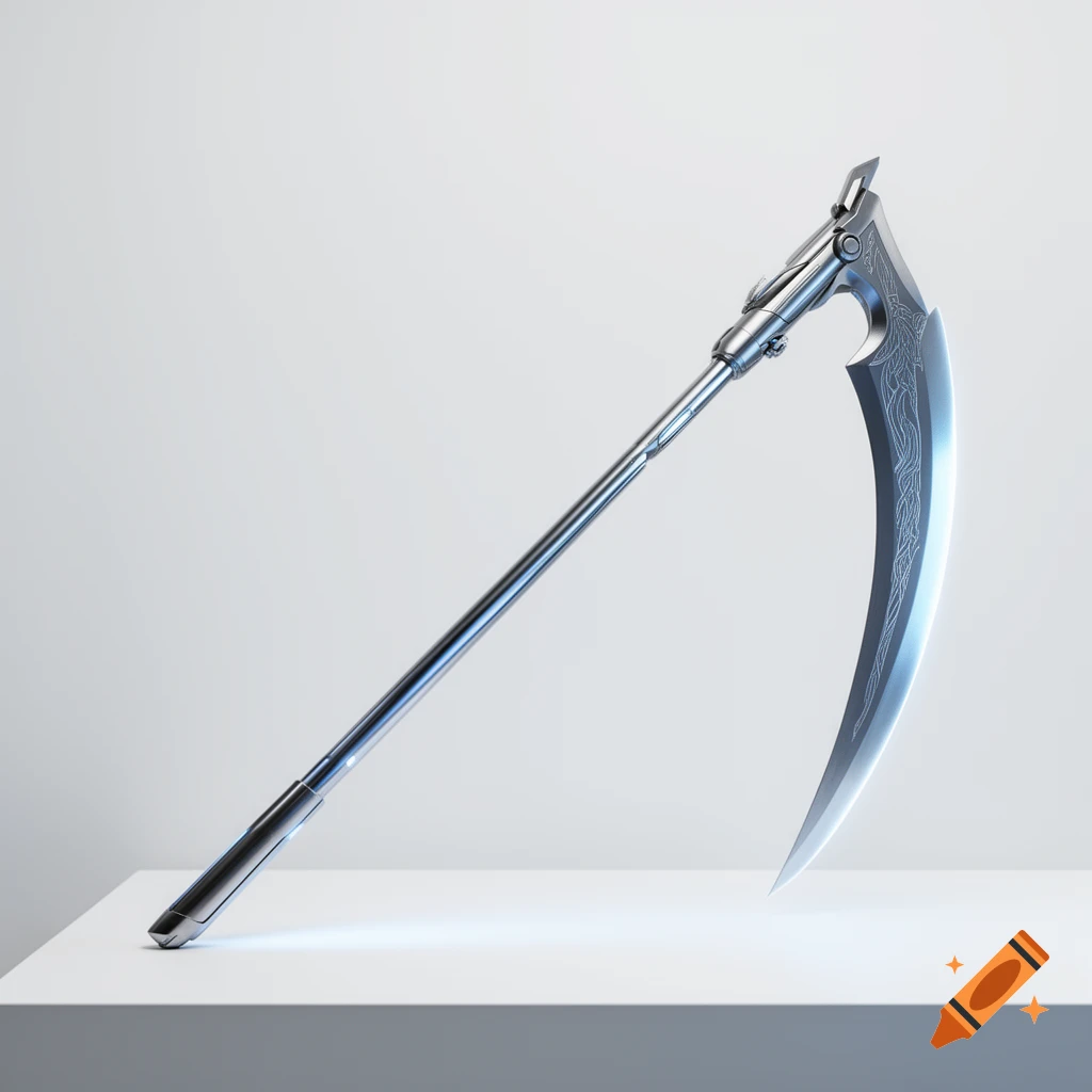 A sleek, silver metallic scythe with ornate blade patterns, standing upright on a white minimalist surface.