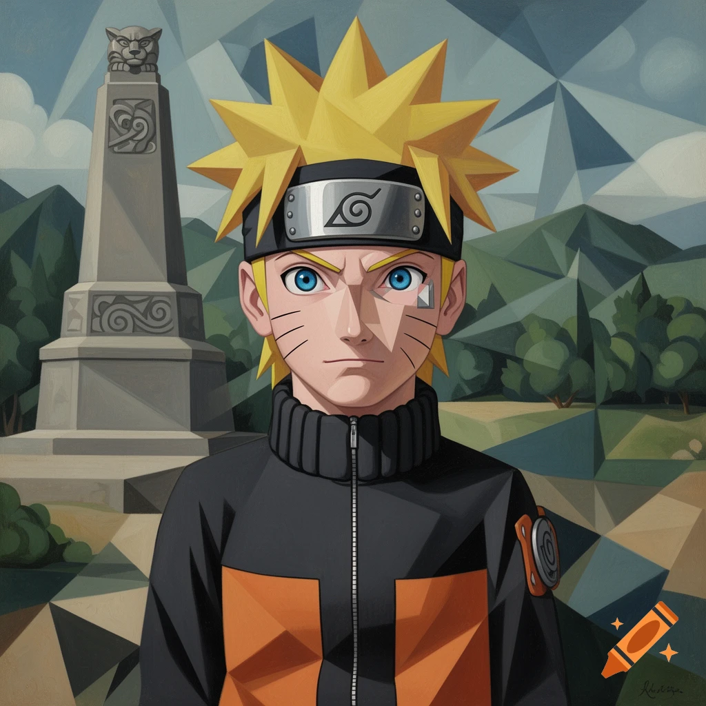 Stylized cubist portrait of Naruto, an anime character, with spiky blonde hair and blue eyes, against a geometric landscape with a monument.