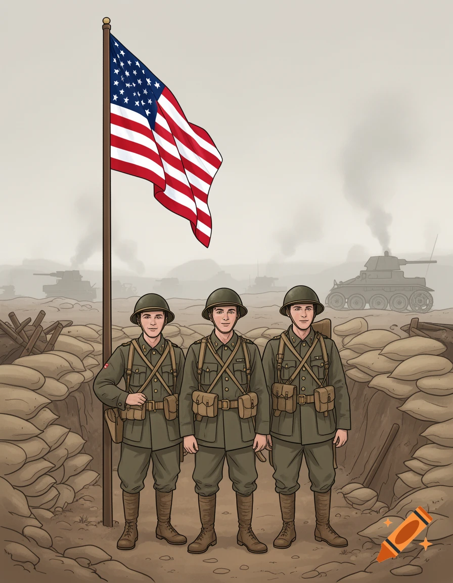 Illustration of three World War I American soldiers standing in a trench with sandbags, an American flag, and tanks in the background.