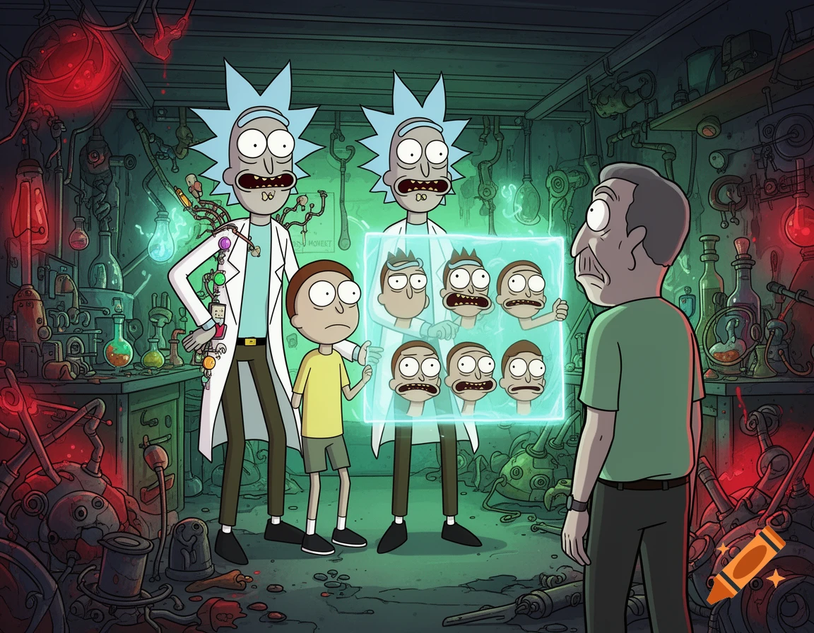 Two Ricks and Morty show Jerry a glowing screen displaying multiple distorted Morty heads in a chaotic sci-fi lab.