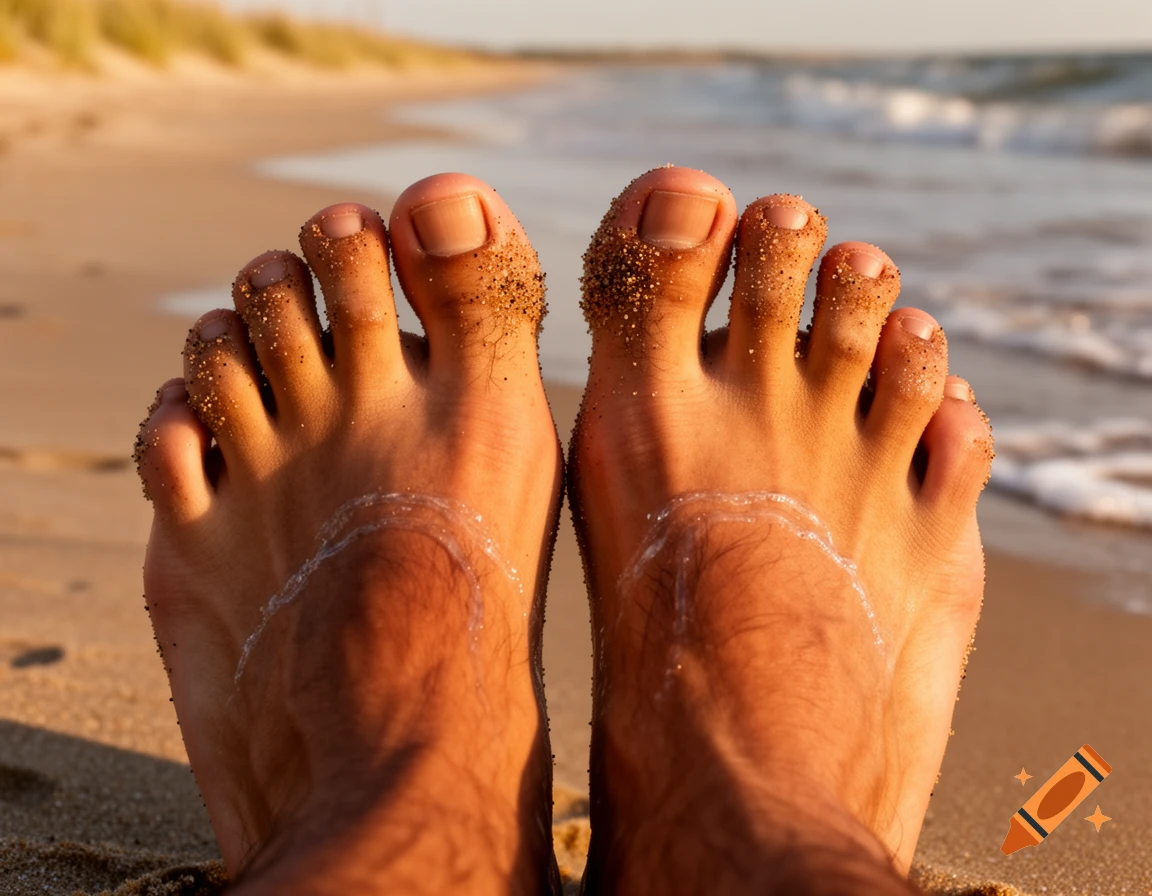 Close-up of human feet covered in sand on a sunny beach with waves in the background, photorealistic style.