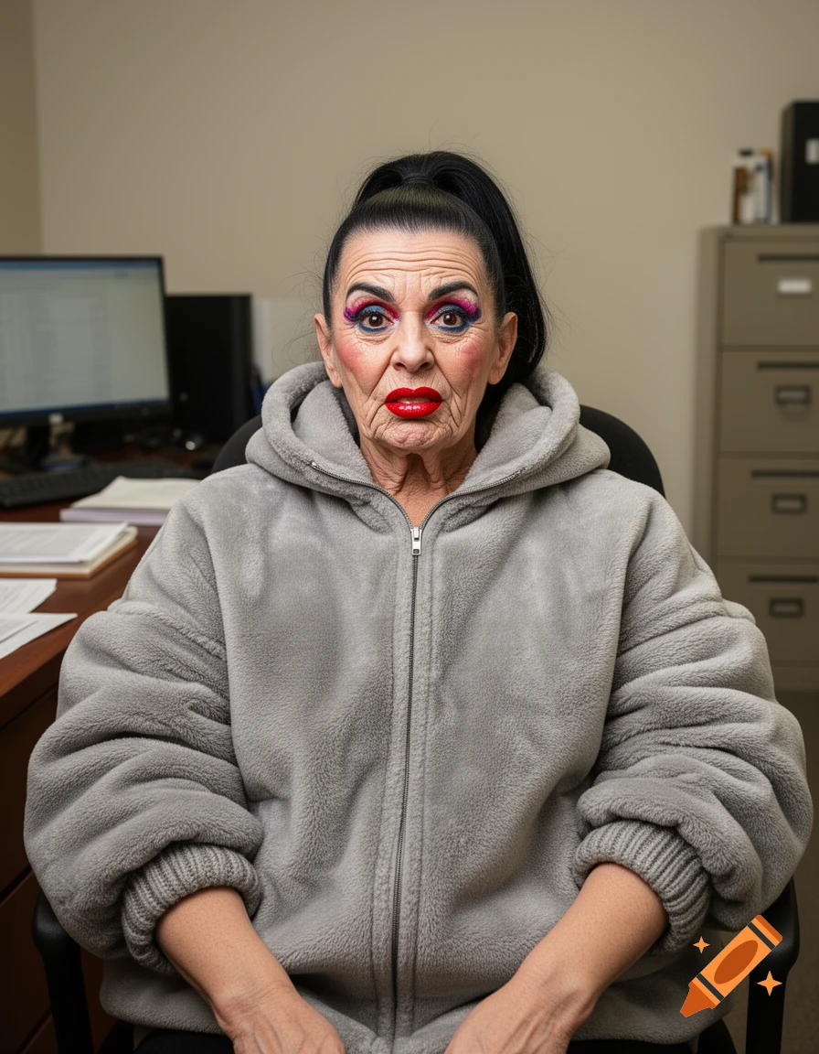 Photorealistic portrait of an older woman with heavy makeup and a grey zip-up hoodie, sitting in an office.