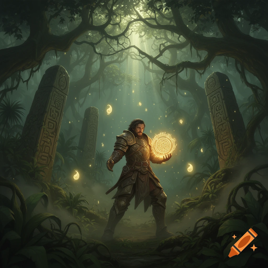 A warrior in ornate armor holding a glowing magical orb stands among ancient, inscribed obelisks in a mystical, overgrown forest with light rays filtering through the canopy.