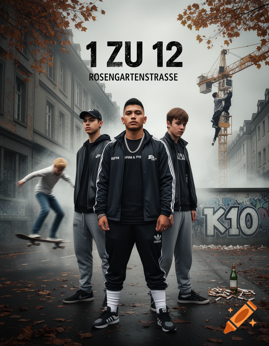Cinematic movie poster with five young men in urban street wear standing on a wet city street in autumn.