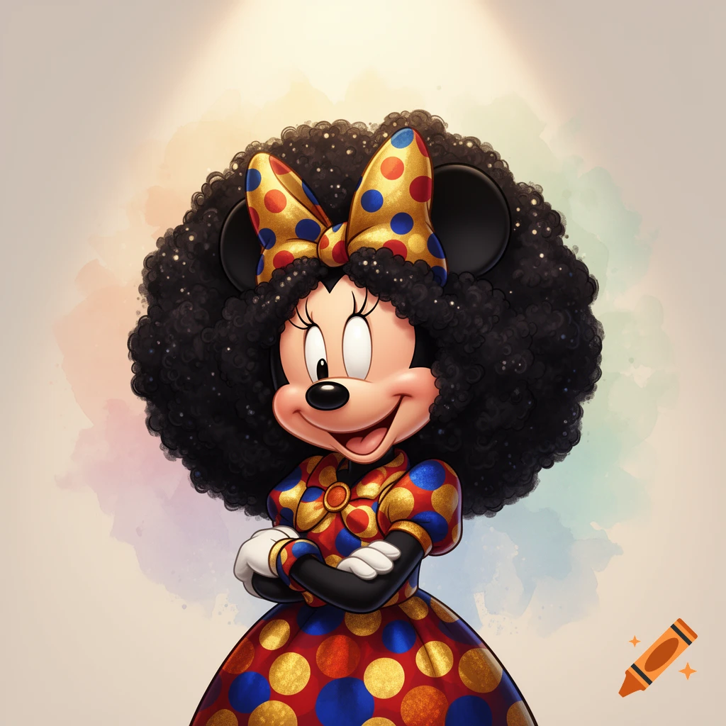 Cartoon Minnie Mouse with a large afro hairstyle, wearing a gold, red, and blue polka-dot dress and bow, smiling with arms crossed.