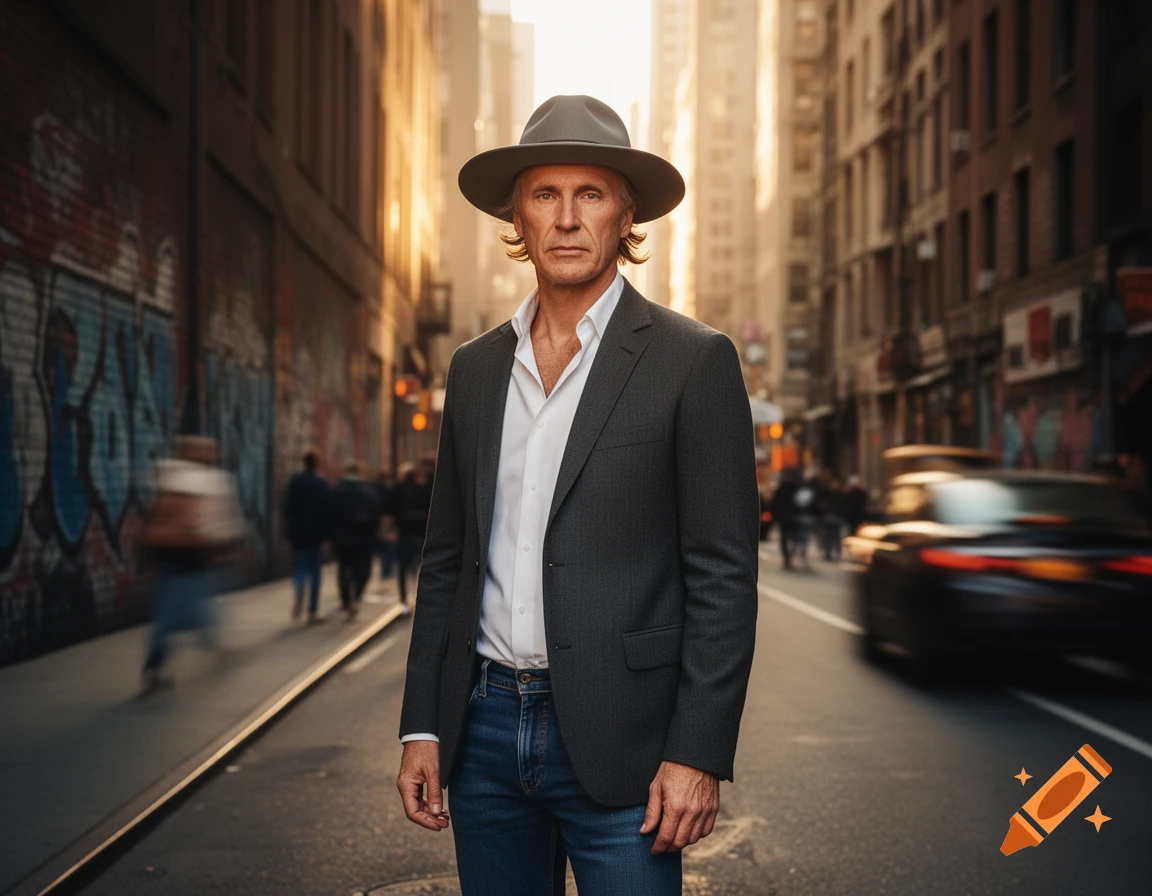 A man in a fedora and suit jacket stands in the middle of a sunlit city street with blurred background traffic and pedestrians.