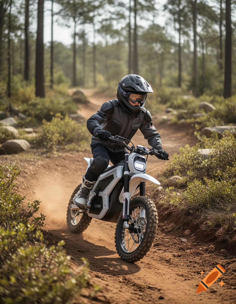 Photorealistic image of a kid wearing a helmet and safety gear riding an electric dirt bike on a dirt trail through a pine forest.