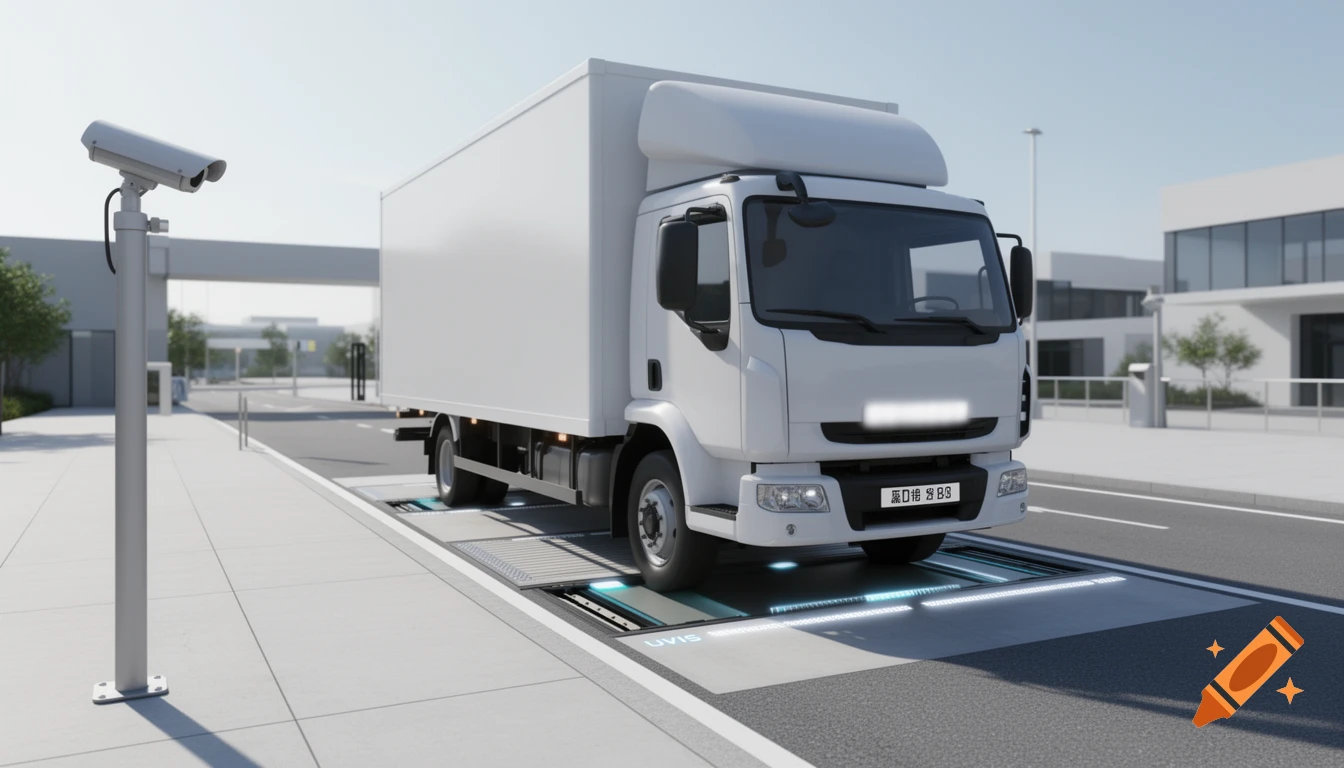 A white cargo truck at a high-tech corporate security entrance with an under-vehicle inspection system and camera, 3D render.