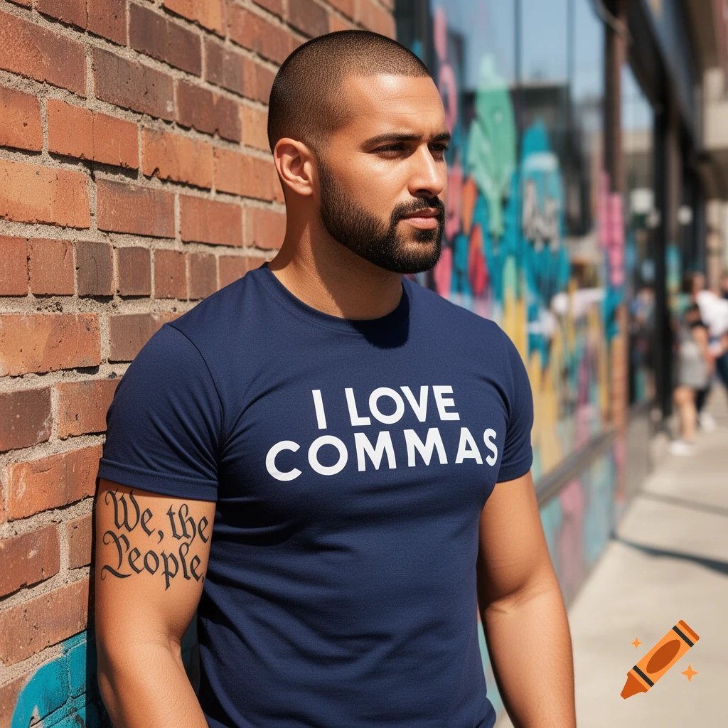 A man leaning against a brick wall, wearing a navy t-shirt that says 'I LOVE COMMAS' and a tattoo on his arm saying 'We, the People'.