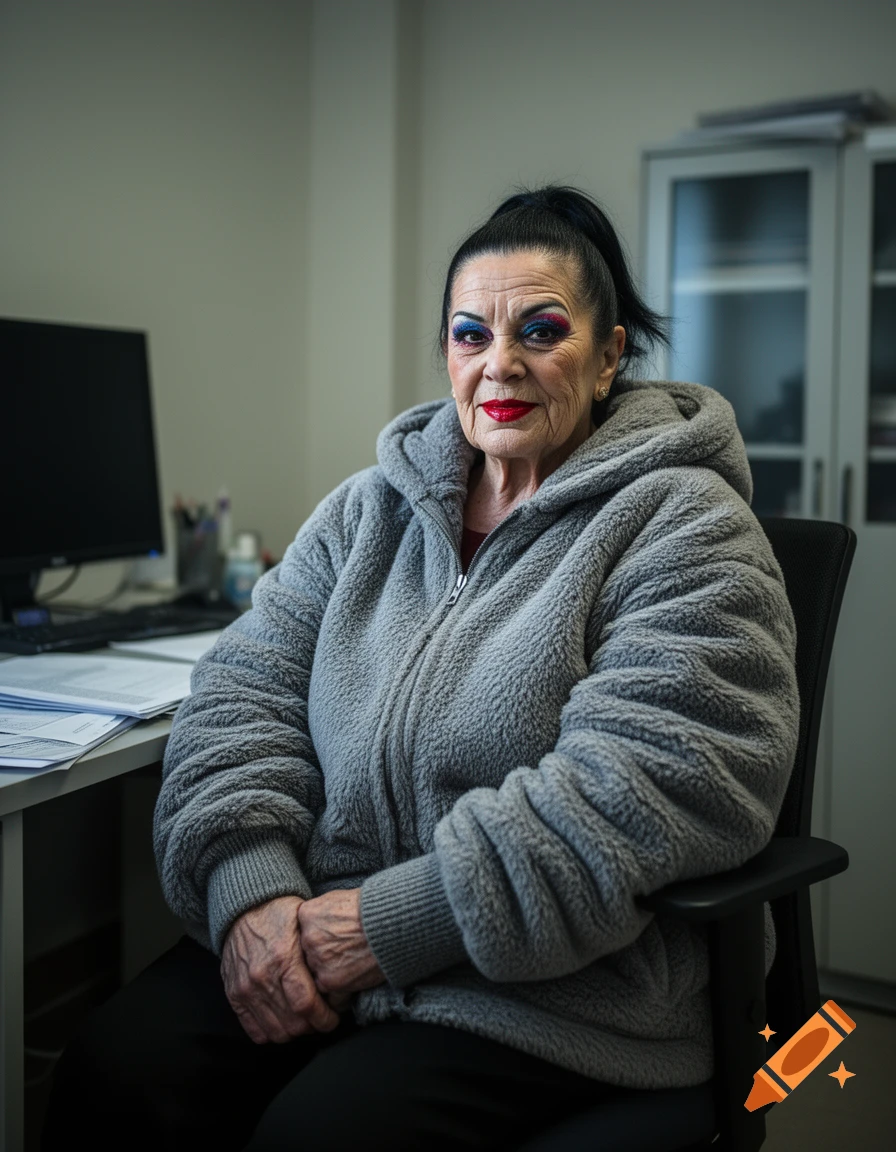 Photorealistic portrait of an elderly woman with heavy makeup and a grey plush winter jacket sitting in an office.