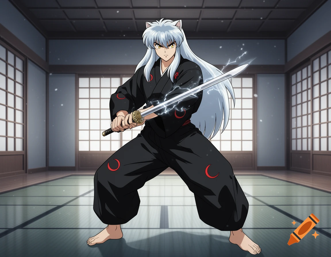 Anime character Inuyasha in a black kimono with red crescent symbols, holding a glowing sword in a dojo.