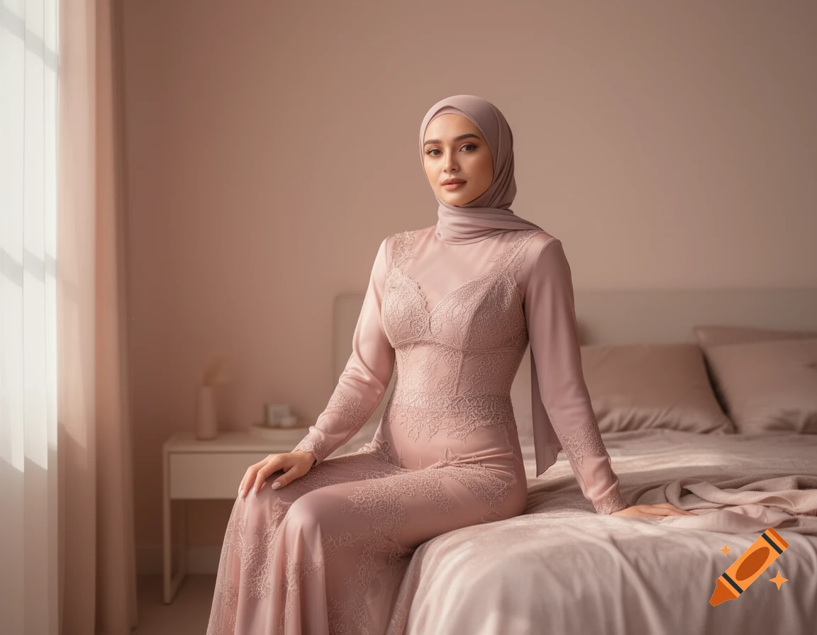 A modest woman in a lacy pink dress and hijab sits on a bed in a soft-lit room, looking at the camera.